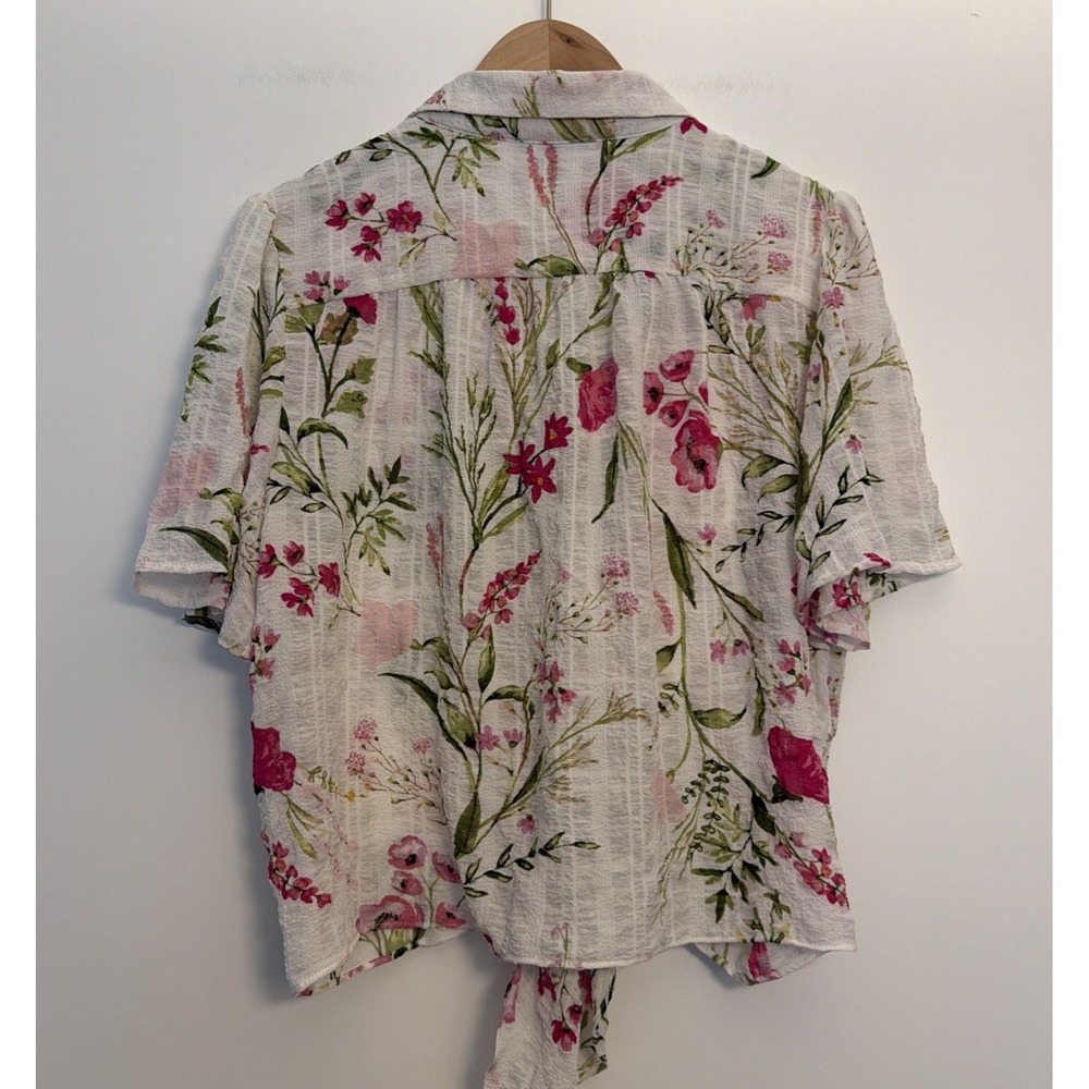Floral Button Up Crop Top Tie Front Blouse XL Coastal Resort Preppy Fairy Beachy - Picture 4 of 13